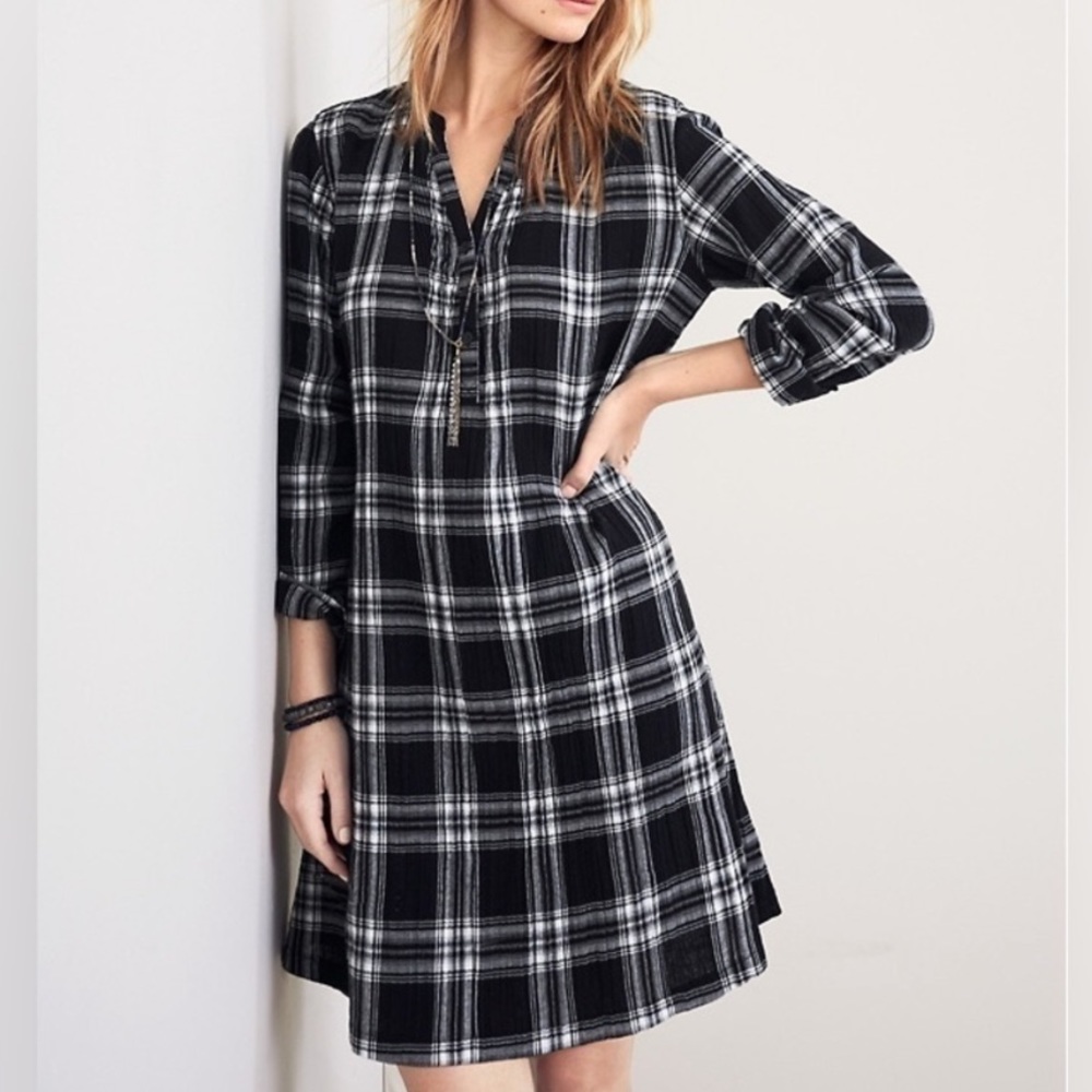 Garnet Hill Black White Plaid Popover Long Sleeve Dress